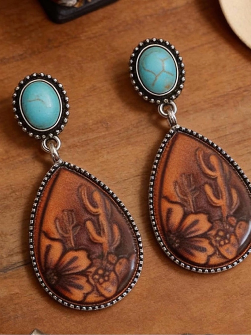 Turquoise and Brown Floral Teardrop Earrings - Women Jewelry